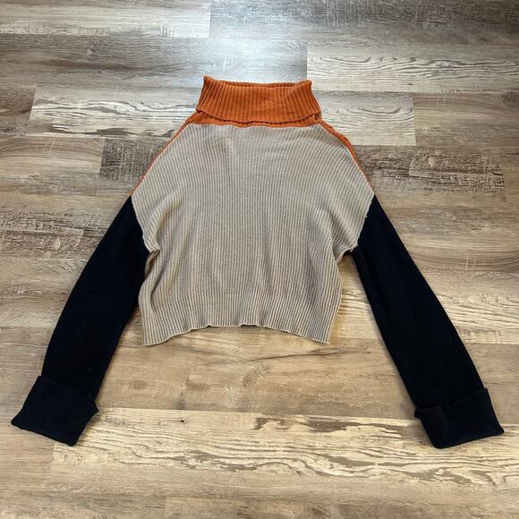 Splendid Colorblock Turtleneck Sweater Beige Orange Navy Cropped Knit Medium - Picture 4 of 6